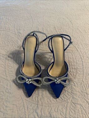 Blue Pointed-Toe Rhinestone Slingback Heels